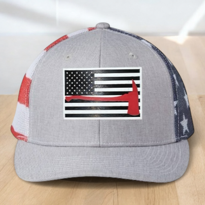 Custom Trucker Hat, Fire Fighter Red Line Axe Hat,  Engraved Acrylic Patch, Support the Fire Fighter, Adjustable Snapback Closure