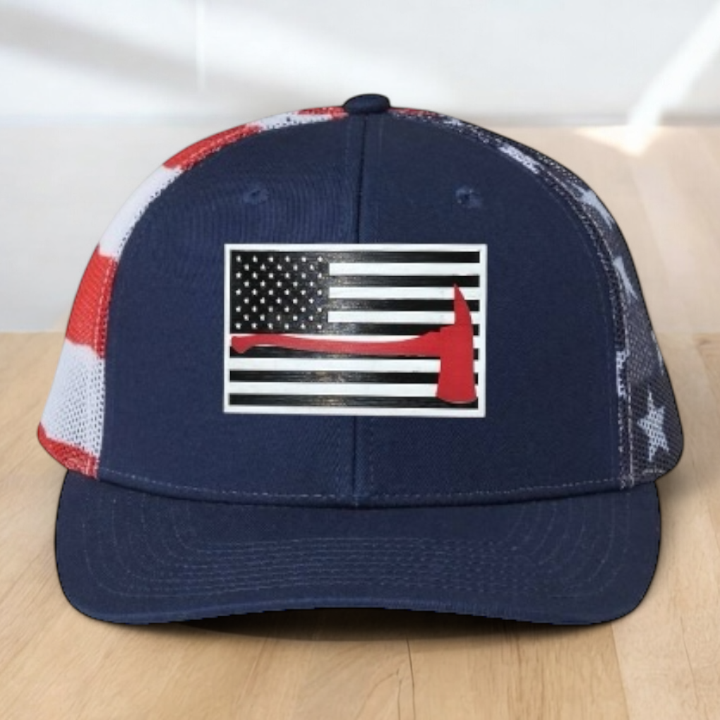 Custom Trucker Hat, Fire Fighter Red Line Axe Hat,  Engraved Acrylic Patch, Support the Fire Fighter, Adjustable Snapback Closure