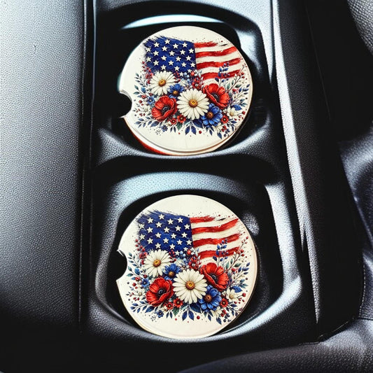 USA Flag with Flowers Custom Ceramic Car Coasters (Set of 2) Absorbent Holder __etsy:8144029456